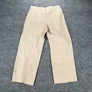 Rafaella Petites Linen Pants 8P Beige Floral Embroidered Straight Leg Womens Tan